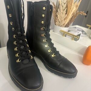 Black Stuart Weitzmans Leather Lace-Up Boots with Gold Accents